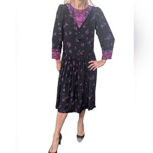 Vintage Carole Little Silk Floral Midi Dress 80s Cottagecore Boho Sz 8